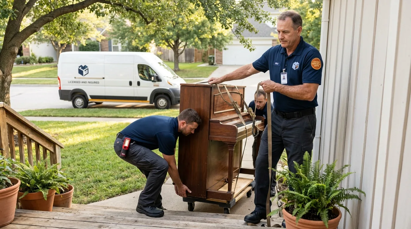 Licensed piano movers securing grand piano in Canby, OR