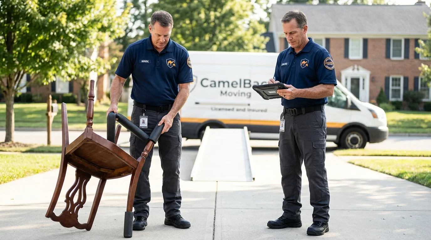 Movers inspecting furniture for damage prevention before loading in Canby, OR
