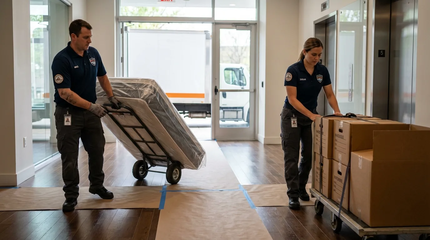 Professional apartment movers loading elevator in Canby, OR
