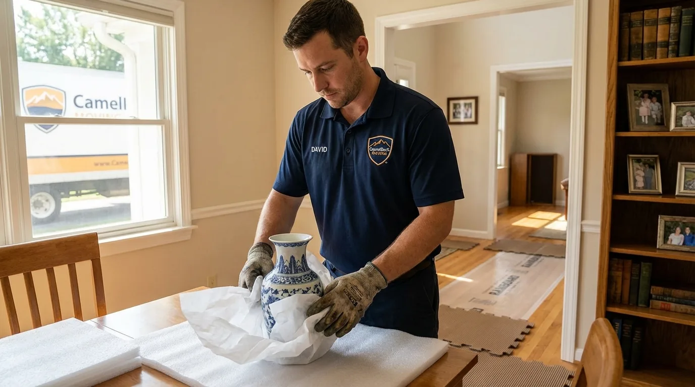 Professional crew carefully wrapping antique vase for senior downsizing move in Canby, OR
